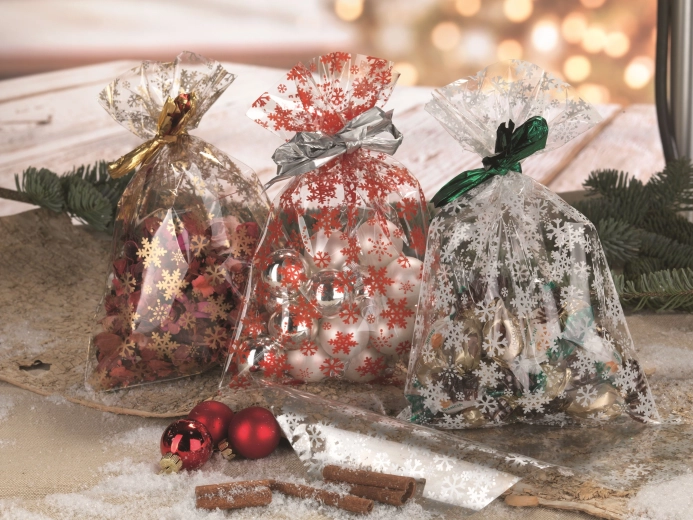 Celofanski vrečka 16 × 25 cm prozorna z motivom snežink