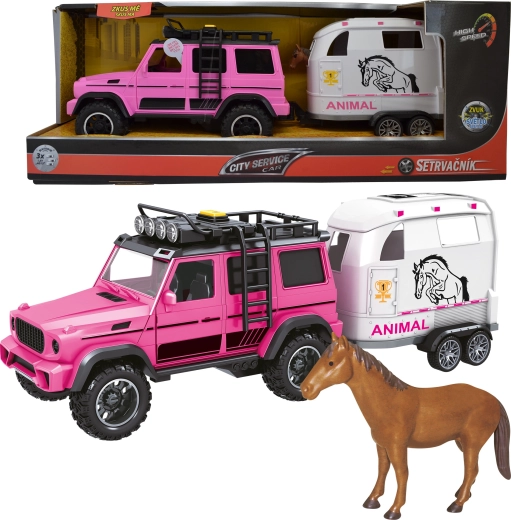 Rožnati terenski avto s prikolico in konjem 1:14 z lučmi in zvoki