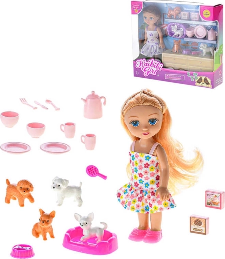 Igralni set z lutko 16 cm, kužki in posodico – 1 kos