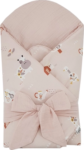 Eko muslinska povijalna odejica z odstranljivim kokosovim vložkom My farma, pudrasto roza, 75 × 75 cm
