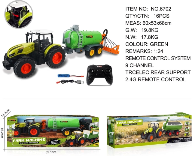 Daljinsko voden traktor z zeleno cisterno in grabljami za seno 1:24