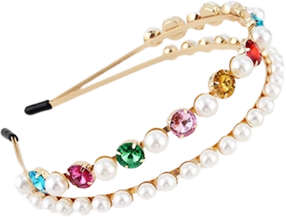 Rožnat dvojni trak za lase z dragulji in perlami
