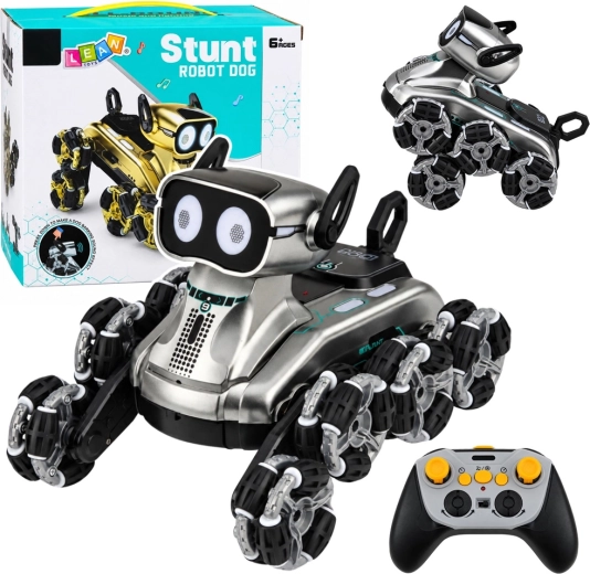 RC remote-controlled robotic dog with 8 wheels, demo mode, lights and sounds, silver - 1 piece