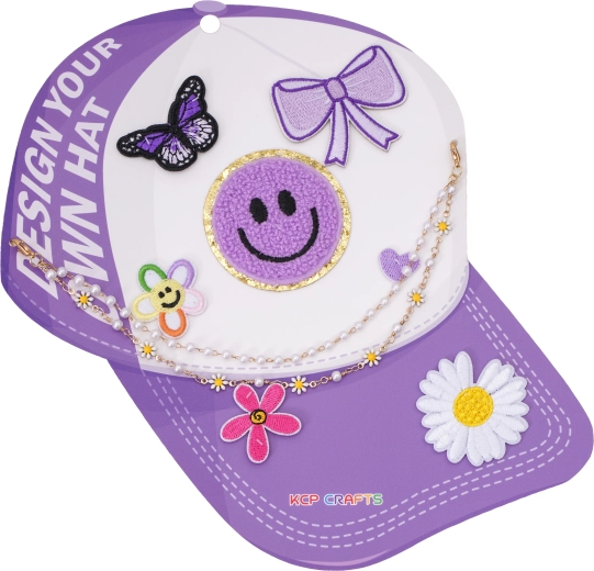 Decorative add-ons for a baseball cap – purple smiley and flowers with a pearl chain