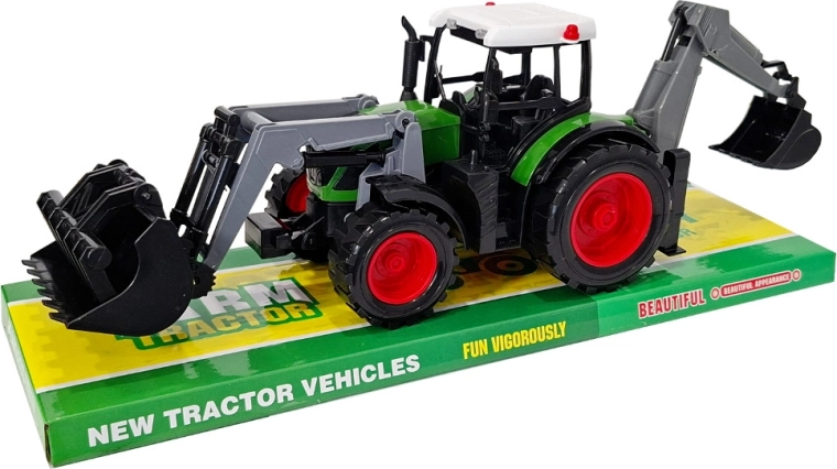Gradbeni stroj – traktor s čelnim nakladalnikom in zadnjim bagrom