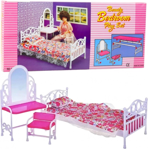 Komplet pohištva za punčke z posteljo, toaletno mizico in stolom s cvetličnim posteljnim perilom