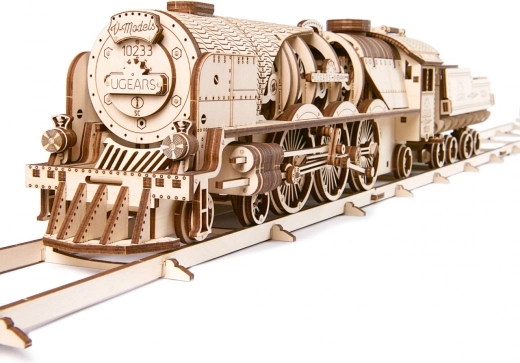 Lesene mehanske sestavljanke UGEARS V-Express parna lokomotiva s tenderjem