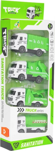 Set mestnih servisnih avtomobilčkov – smetarski, prekucnik, vleka in cisterna