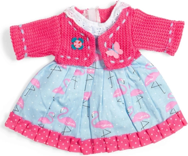 Bigjigs Toys oblekica za punčko 34 cm: obleka s flamingi in rožnat puloverček