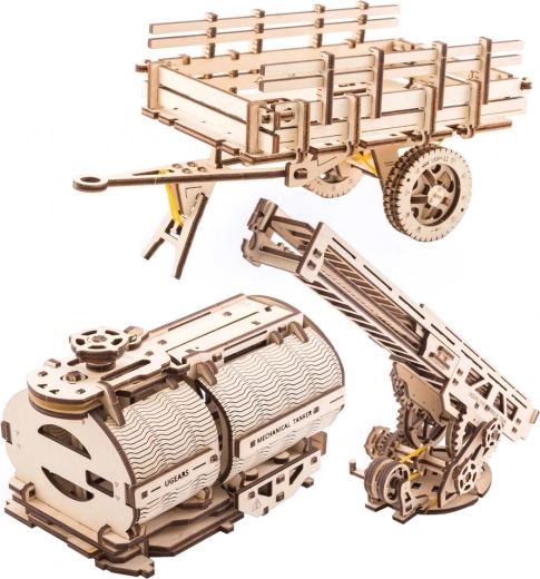 UGEARS dodatki za tovornjak UGM-11 – gasilska lestev, keson in cisterna (3D leseni mehanski moduli)