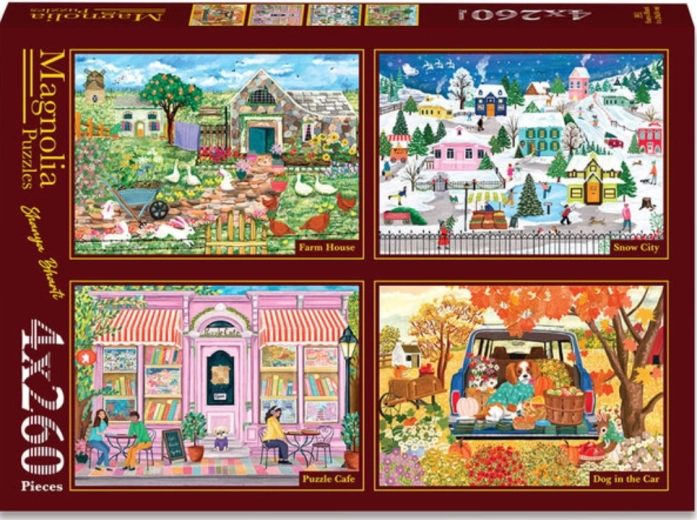 Puzzle Magnolia – podeželsko posestvo, zasneženo mesto, čarobna kavarna in pasji sopotnik (4×260 koščkov)