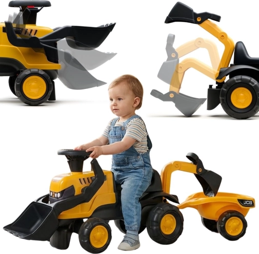 Poganjalec traktor JCB s prikolico, lopatko in grabljami za otroke 1–3 leta