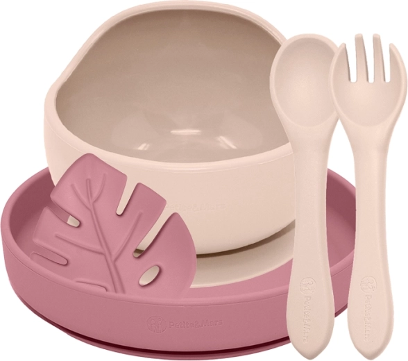 Petite&Mars silikonski jedilni komplet Take&Match Desert Sand in Dusty Rose za otroke od 6 mesecev – 4 kosi