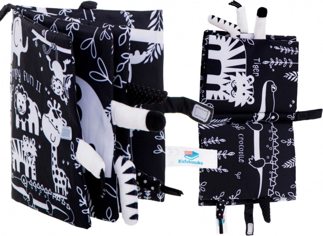 Mehka kontrastna senzorična knjižica z živalskimi repki safari