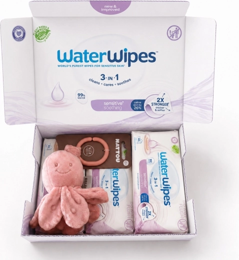 WaterWipes Soothing Clean 3v1 vlažni robčki 4×60 kosov (240 kosov) + Nattou vibrirajoča hobotnica gratis