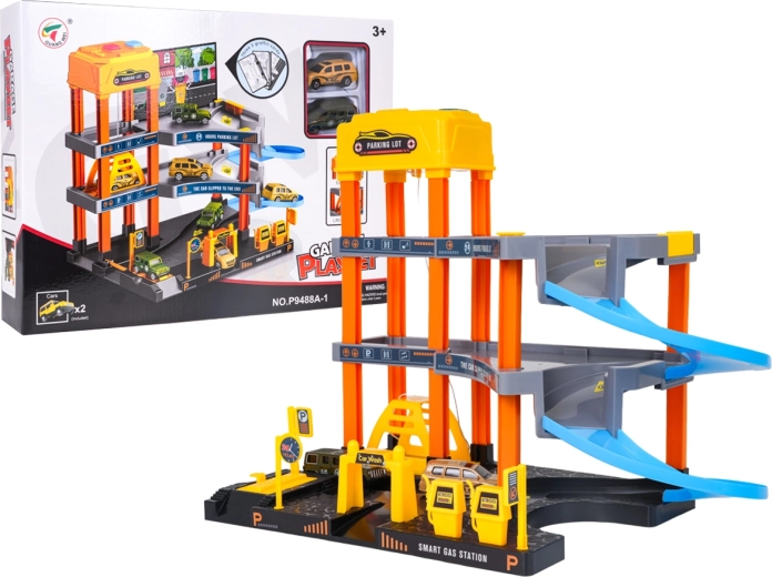 Multi-level kids’ parking garage with electric elevator, car wash and 2 toy cars
