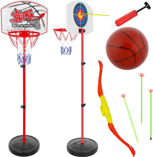 Otroški športni set 2v1 – košarkarski koš z nastavljivo višino in lokostrelstvo