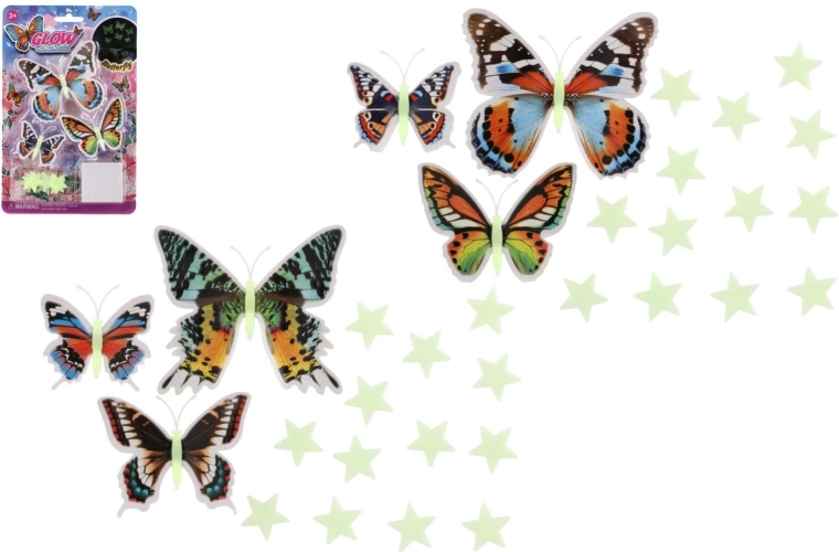 Svetleči metulji in zvezde na steni – 3D dekoracija za otroško sobo