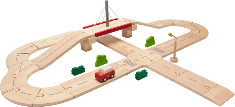Lesena avtomobilska steza z mostom PlanToys