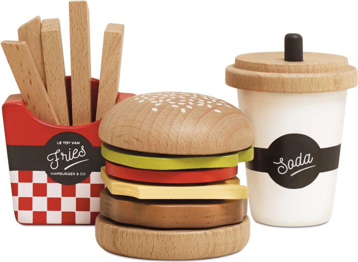 Leseni igralni set 3v1 hamburger, pomfrit in pijača Le Toy Van