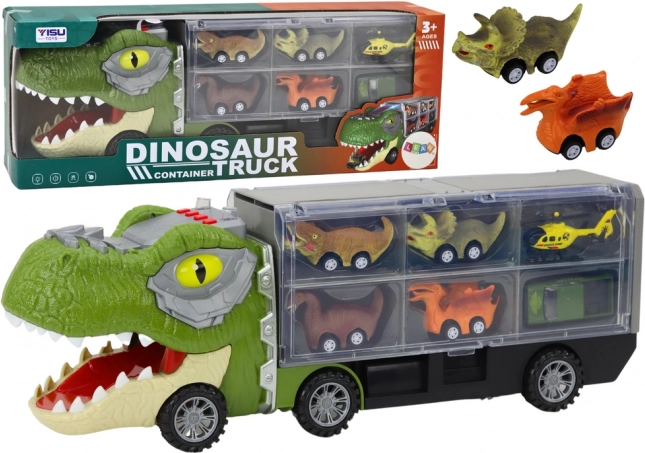 Dinozavrski tovornjak s prikolico in 6 avtomobilčki s svetlobnimi in zvočnimi učinki – zelen
