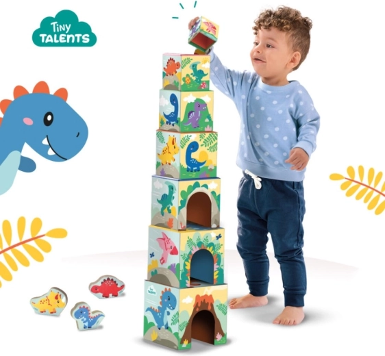 Stolp iz 7 kock z veselimi ilustracijami dinozavrov