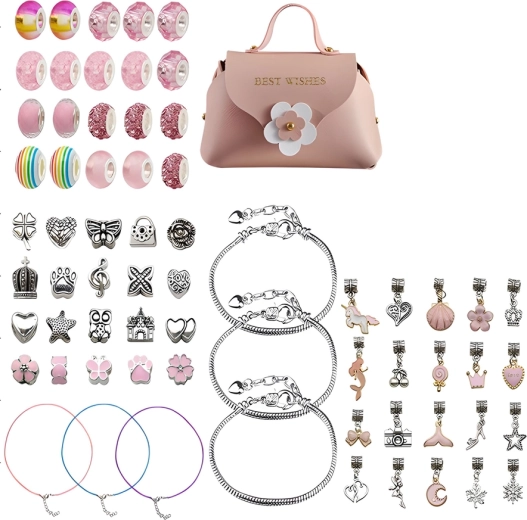 Komplet za izdelavo nakita in zapestnic z obeski v rožnatih odtenkih + kozmetična torbica (66 delov)