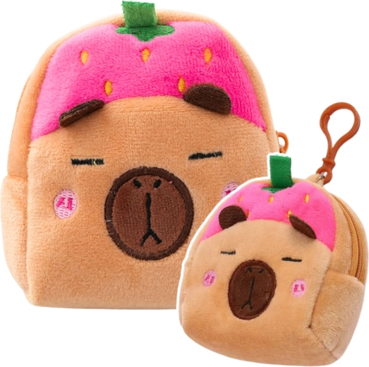 Plush capybara coin purse with pink strawberry and clip 9.5 × 8 cm