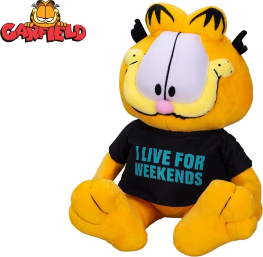 Plišasti maček GARFIELD 24 cm – sedeč, majica I live for weekends