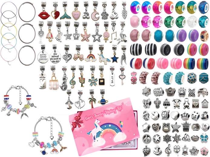 Jewelry and bracelet making set with charms and mixed beads