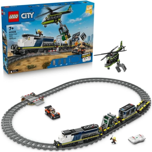 LEGO City Rop v policijskem vlaku – daljinsko vodena vlakovna garnitura s helikopterjem in minifigurami