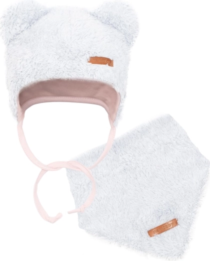 Zimski komplet za dojenčka kapa in rutka New Baby Teddy bear sivo-roza