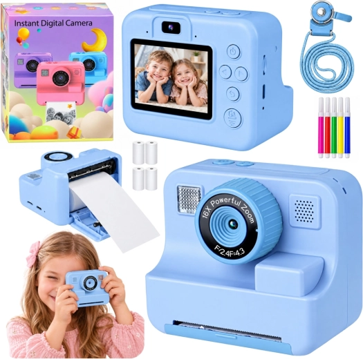 Otroški digitalni fotoaparat s takojšnjim tiskanjem, moder