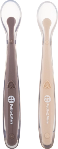 Petite&Mars silikonske žličke s potovalnim etuijem Take&Match sand cocoa, 2 kosa
