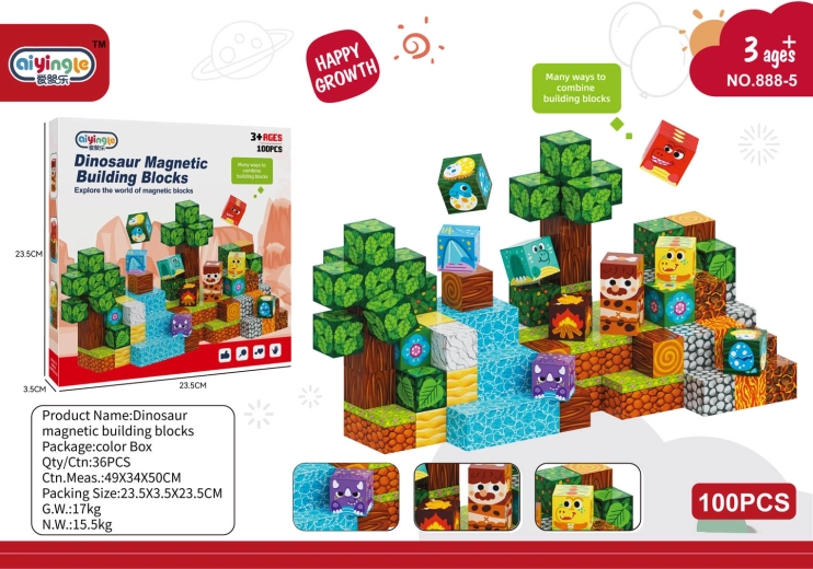 Magnetic 3D building blocks with dinosaur theme 100 pcs