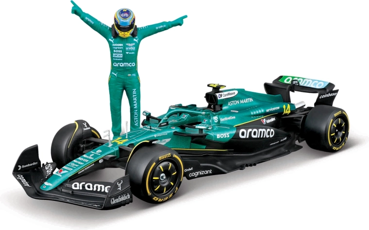 Model formule 1 Bburago Aston Martin AMR25 2025 s figurico voznika Fernando Alonso (št. 14) 1:24
