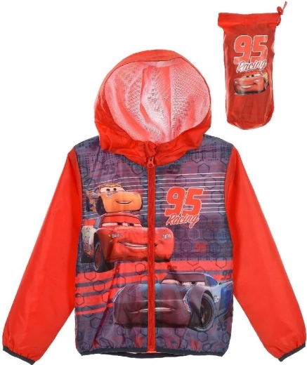 Children's windbreaker jacket Cars with hood and bag, red