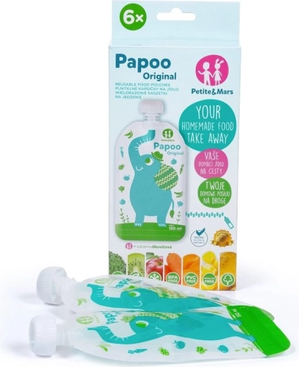 Petite&Mars večkrat uporabne vrečke za hrano Papoo slon 150 ml (6 kos)