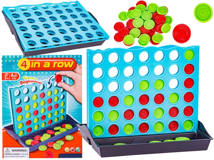 Logic board game 4 in a row (4 in a row) with game board and tokens