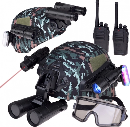 Komplet vojaške opreme s čelado, daljnogledom in walkie-talkiejem