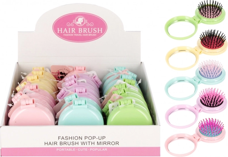 Folding pocket hairbrush with mirror 2-in-1