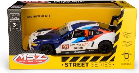 Model dirkalnega avtomobila BMW M4 GT3 v merilu 1:24, modro-bel
