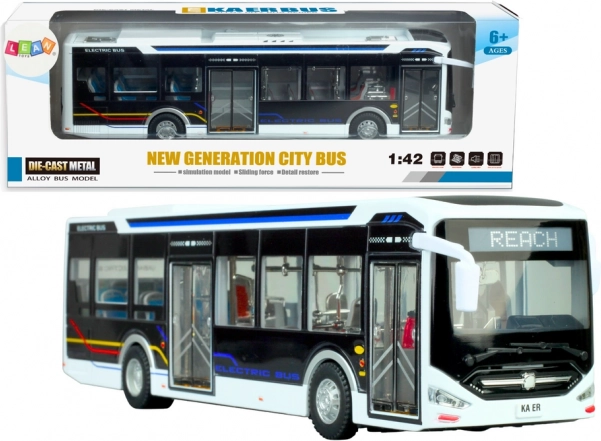 Električni mestni avtobus 1:42 kovinski bel s svetlobami