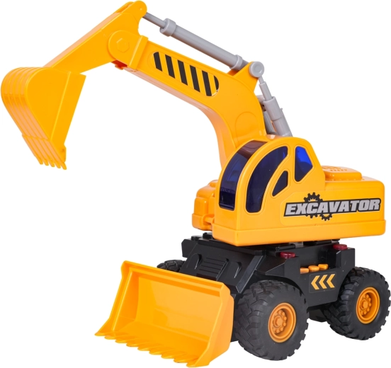 Excavator with rubber tires and a rotating cab