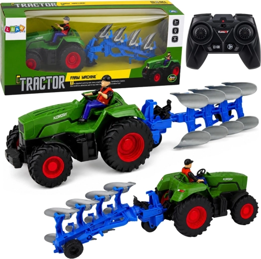 Zeleni RC kmetijski traktor s plugom in kmetom 1:24