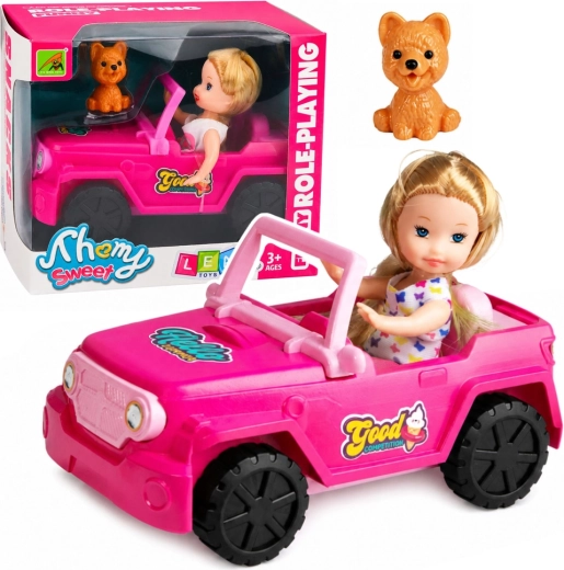 Mini punčka v rožnatem terenskem kabrioletu s psom
