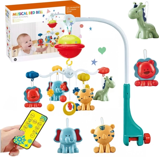 Vrtiljak nad posteljico s projektorjem in daljinskim upravljalnikom