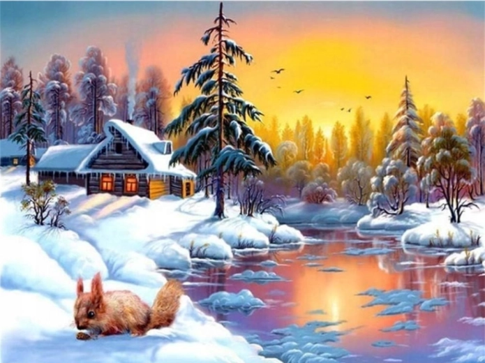 Norimpex diamond painting winter house by the lake with squirrels 30 × 40 cm