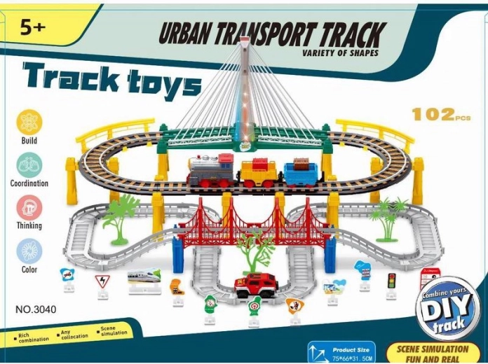 Električna vlakovna proga z mostom in avtom