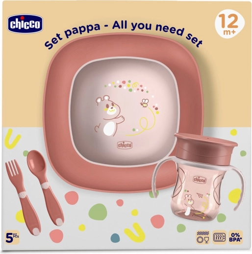 Chicco jedilni komplet za otroke z 360° lončkom roza 12m+